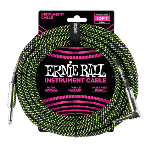 Ernie Ball 6077 BRAIDED INSTRUMENT CABLE STRAIGHT/ANGLE 10FT - BLACK/GREEN