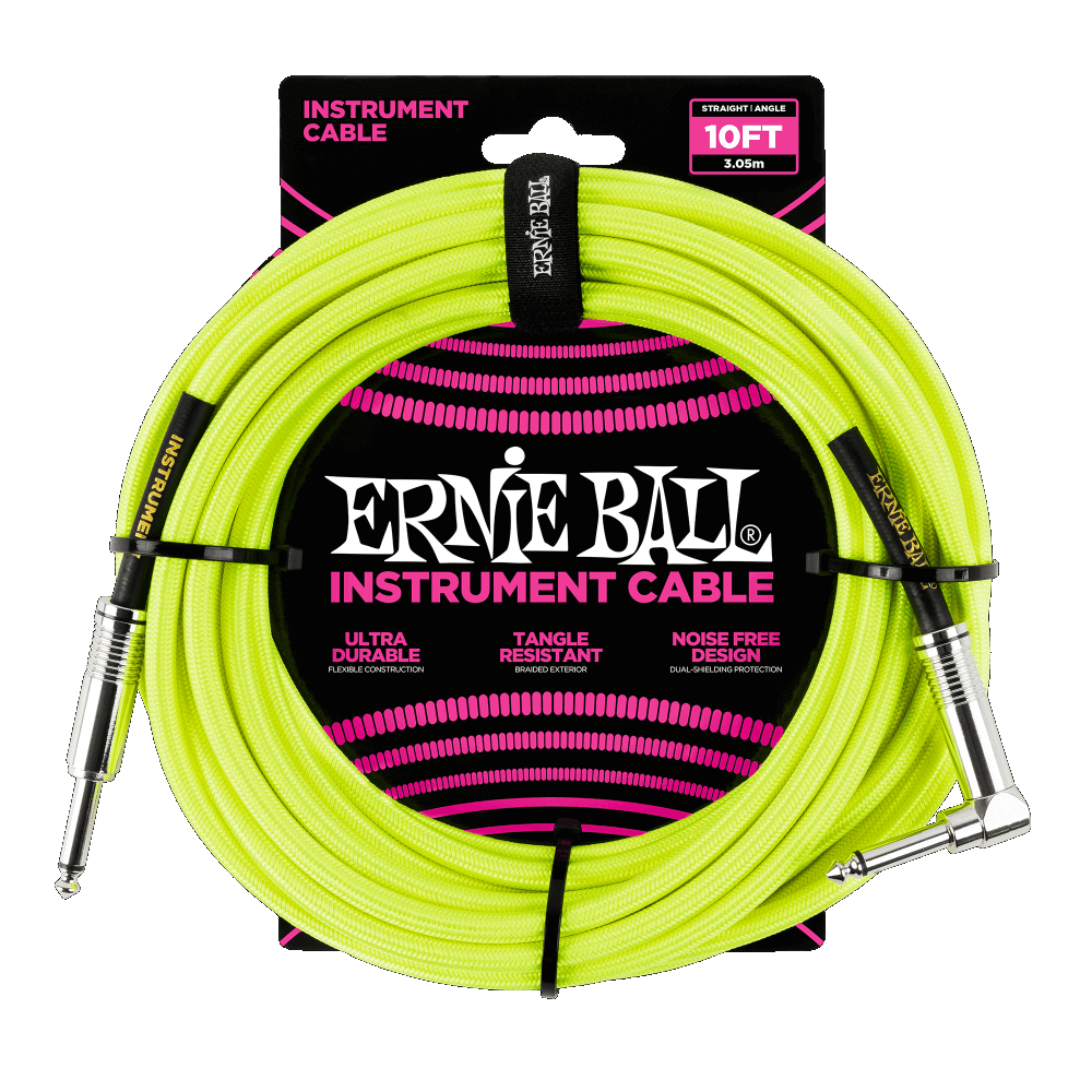 Ernie Ball 6080 BRAIDED INSTRUMENT CABLE STRAIGHT/ANGLE 10FT - NEON YELLOW