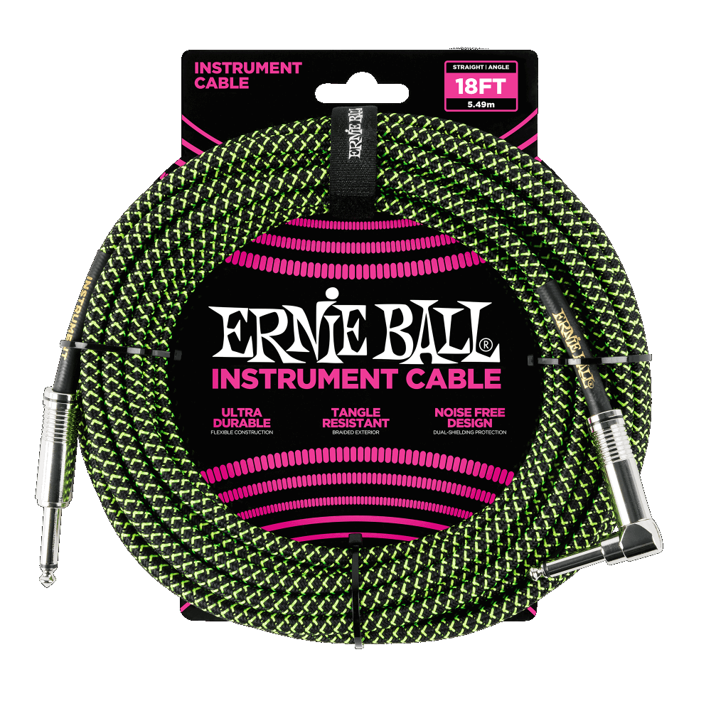 Ernie Ball 6082 BRAIDED INSTRUMENT CABLE STRAIGHT/ANGLE 18FT - BLACK/GREEN