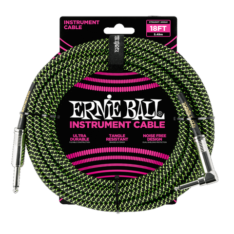 Ernie Ball 6082 BRAIDED INSTRUMENT CABLE STRAIGHT/ANGLE 18FT - BLACK/GREEN