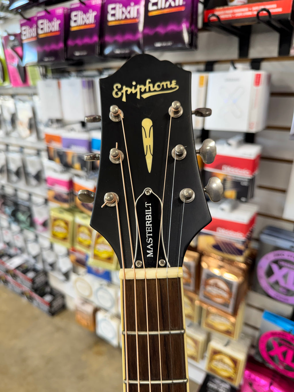 Used Epiphone Masterbilt DR-500ME acoustic-electric, Natural - headstock with Epiphone logo
