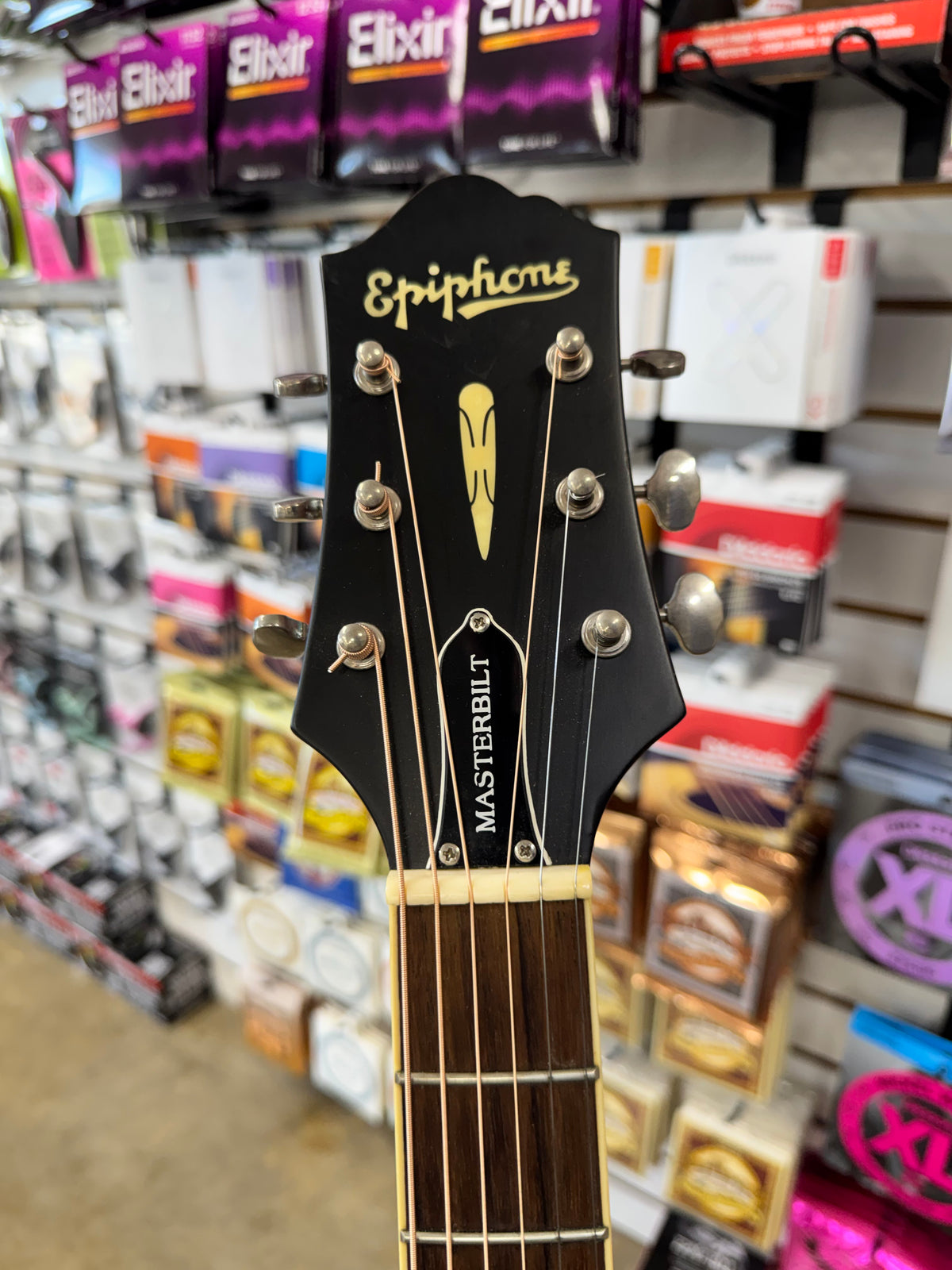 Used Epiphone Masterbilt DR-500ME acoustic-electric, Natural - headstock with Epiphone logo