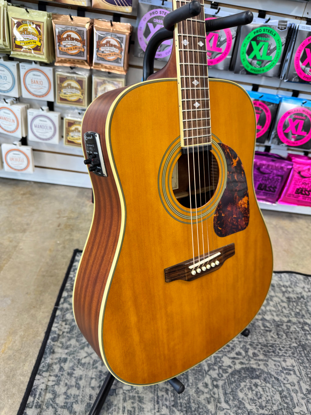 Used Epiphone Masterbilt DR-500ME acoustic-electric, Natural - angled view showing onboard preamp