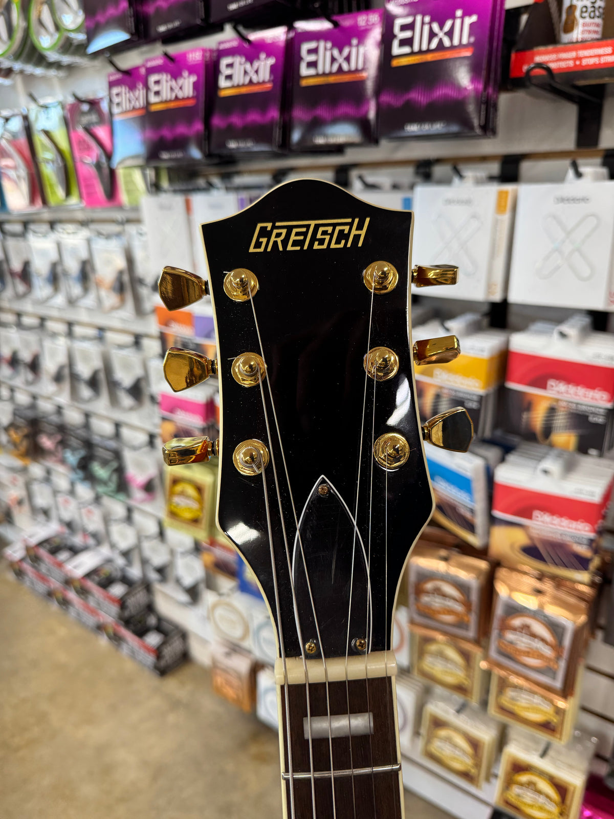 Used Gretsch Streamliner Center Block Cat-Eye, Abbey Ale - headstock with Gretsch logo