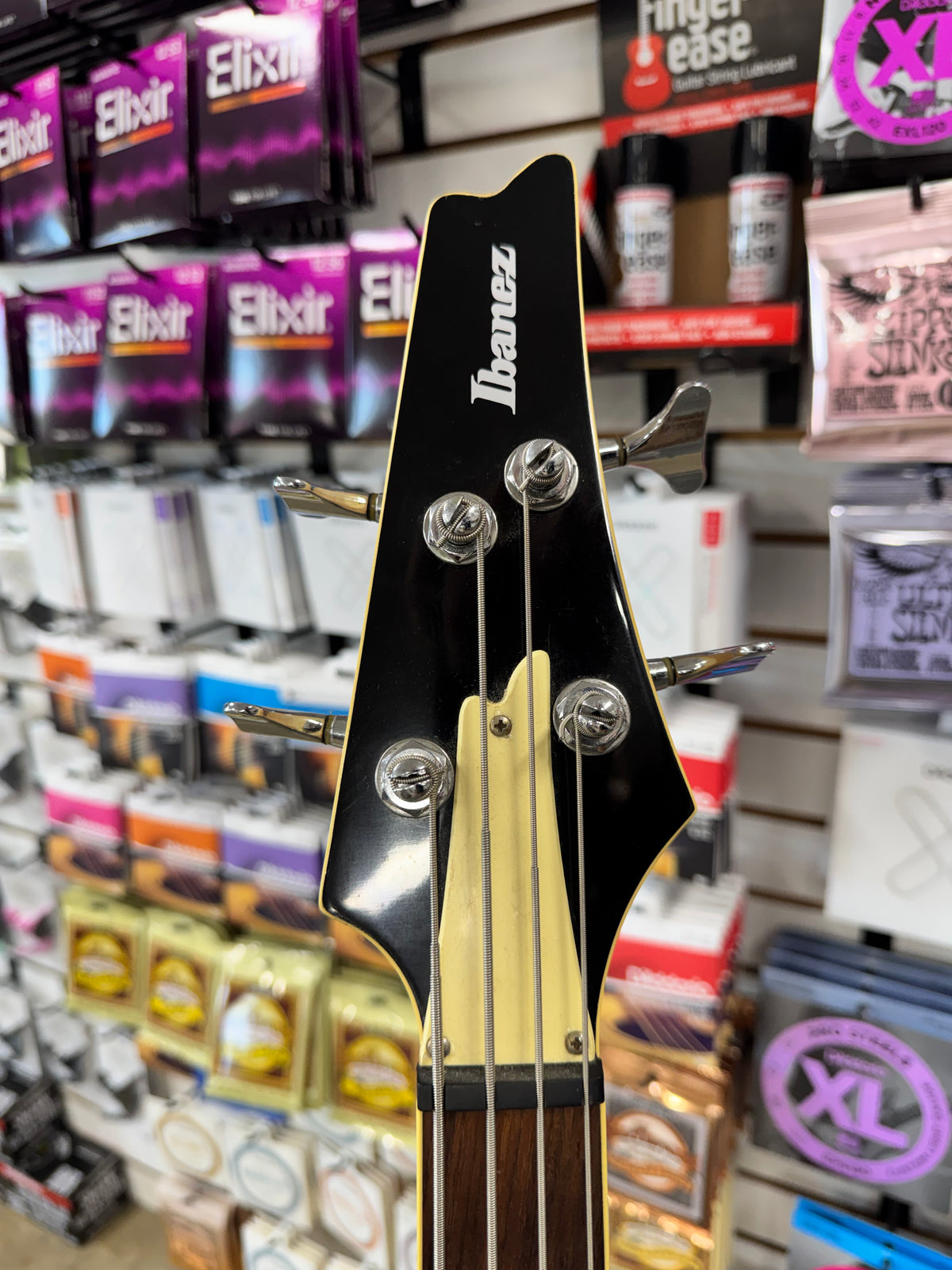 Used Ibanez ICB300 Iceman Bass, Black - headstock front with Ibanez logo