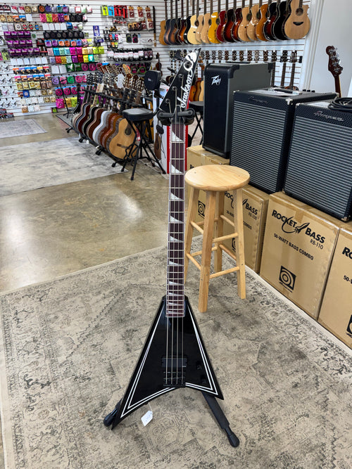 Used Jackson X Series Rhoads RR-B IV bass, Black with white pinstripes - full front view - Pop's Music, Jackson TN