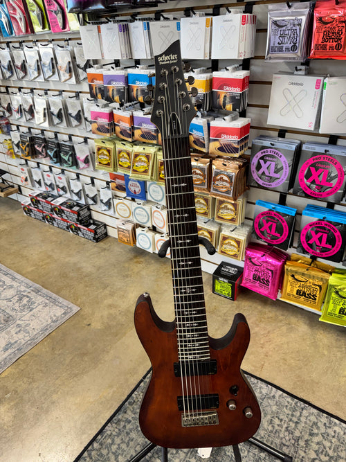 Used Schecter Omen-8 8-string guitar, Walnut Satin - full front view - Pop's Music, Jackson TN
