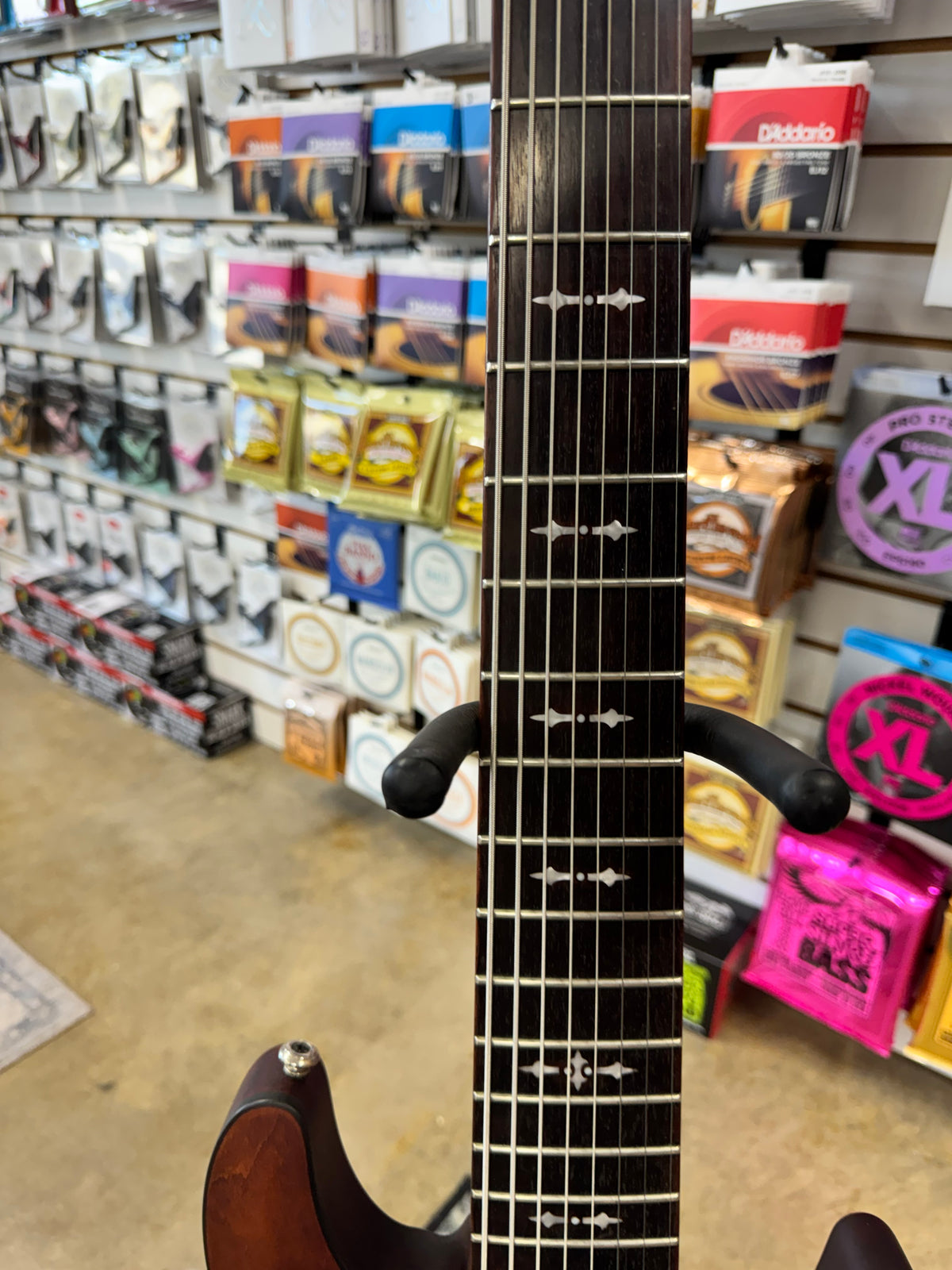 Used Schecter Omen-8 8-string guitar, Walnut Satin - fretboard inlays close-up
