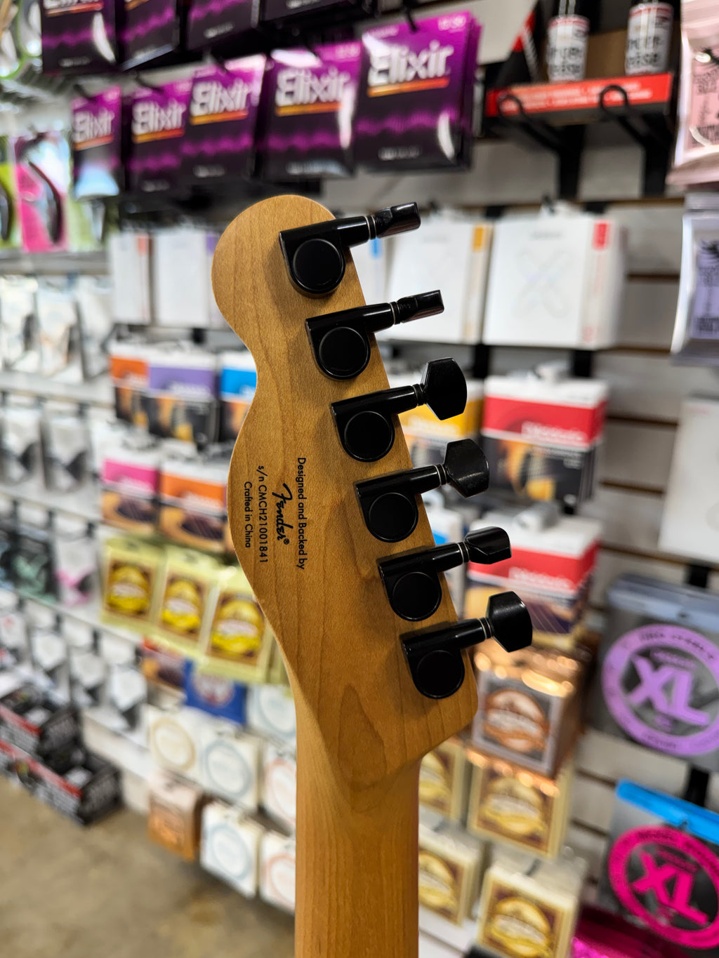 Used Squier Contemporary Telecaster RH, Shoreline Gold - back of headstock and sealed tuners