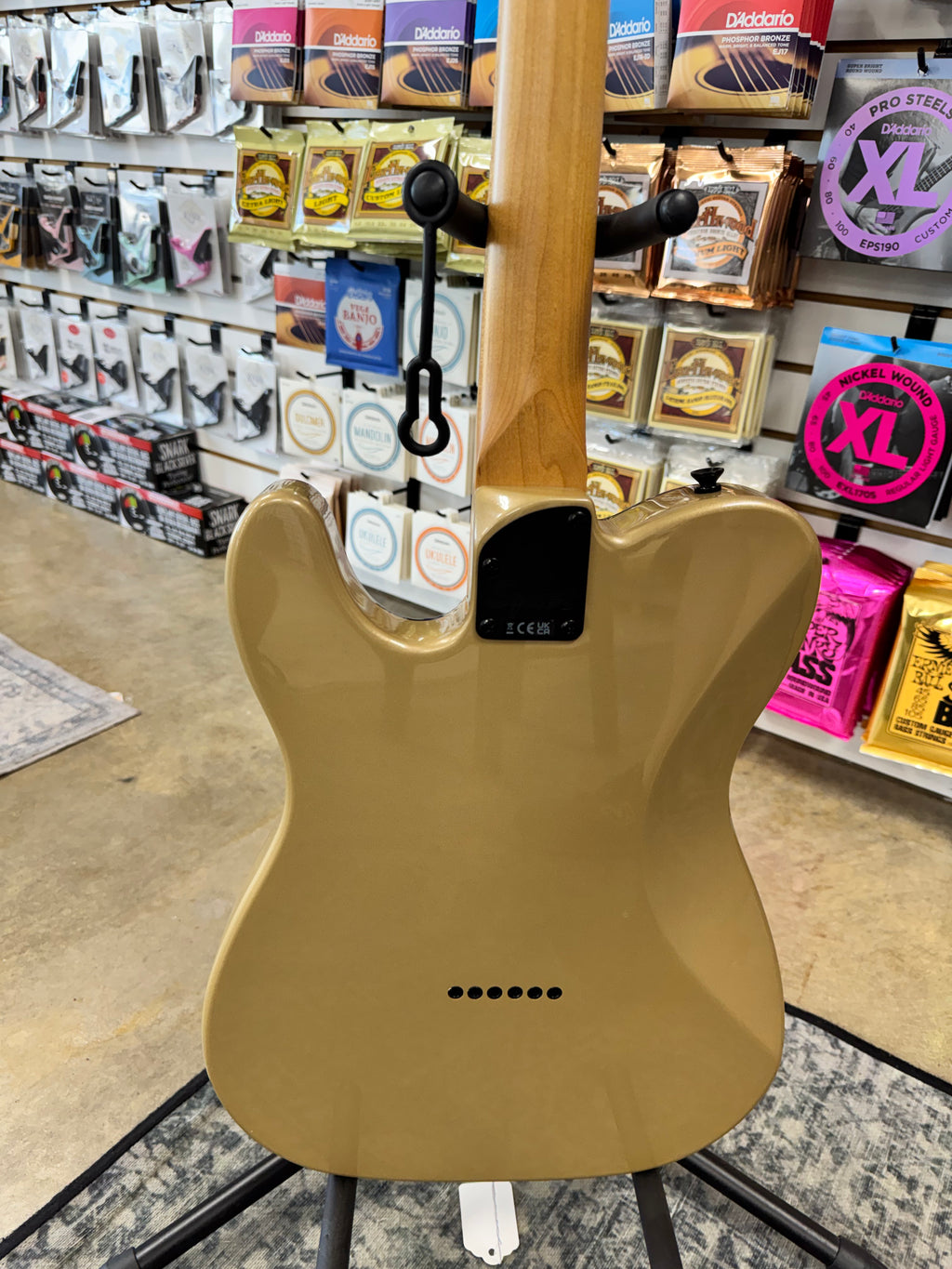 Used Squier Contemporary Telecaster RH, Shoreline Gold - back of body with string-through ferrules