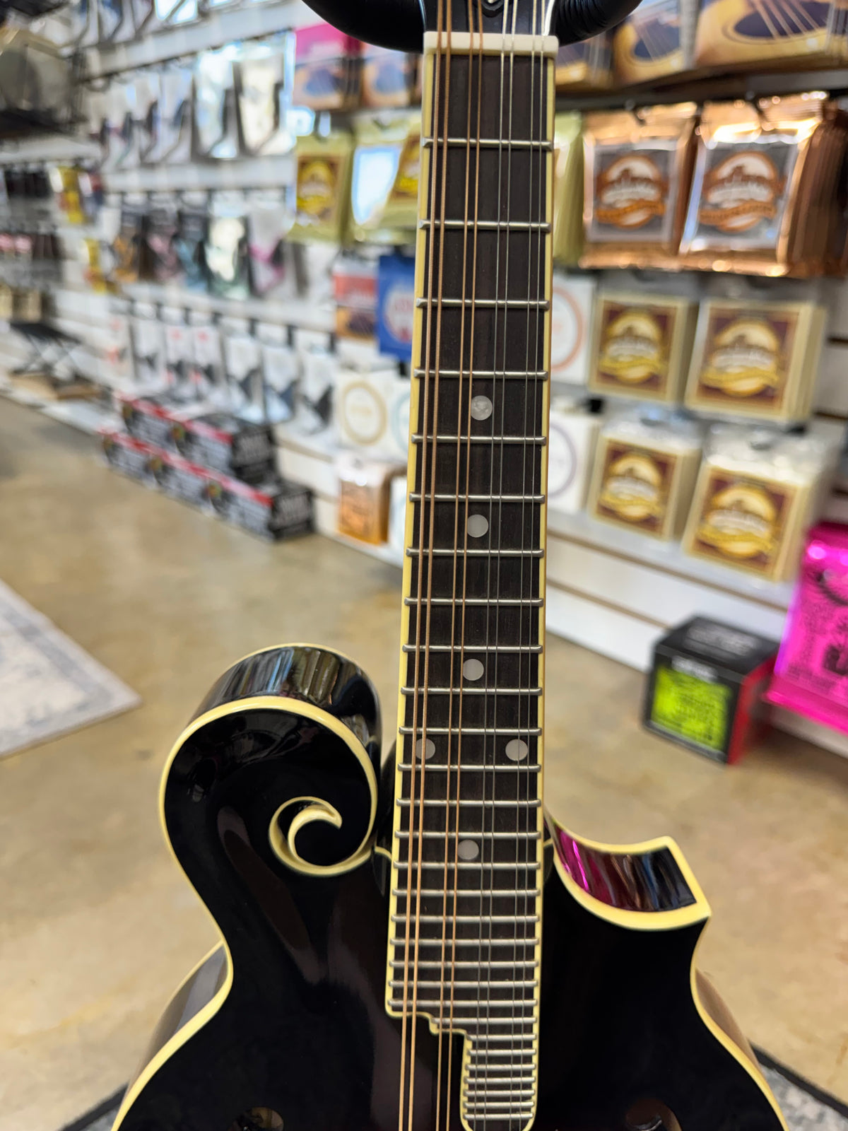 Used The Loar LM-520-VS F-style mandolin, Vintage Sunburst - neck and F-style scroll