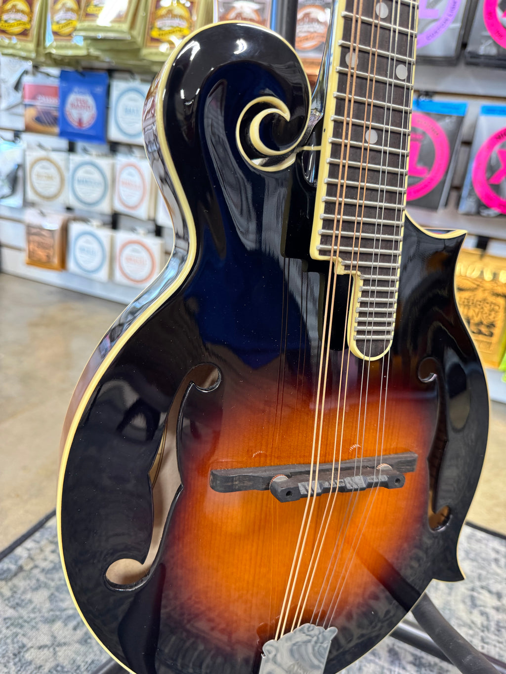 Used The Loar LM-520-VS F-style mandolin, Vintage Sunburst - angled body view