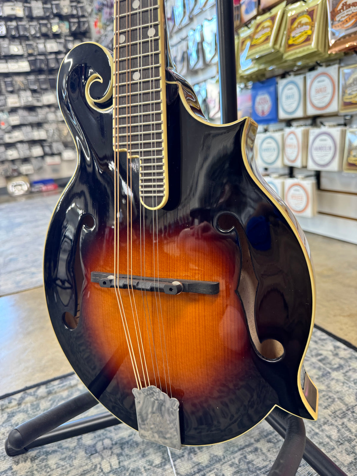 Used The Loar LM-520-VS F-style mandolin, Vintage Sunburst - angled body view, other side