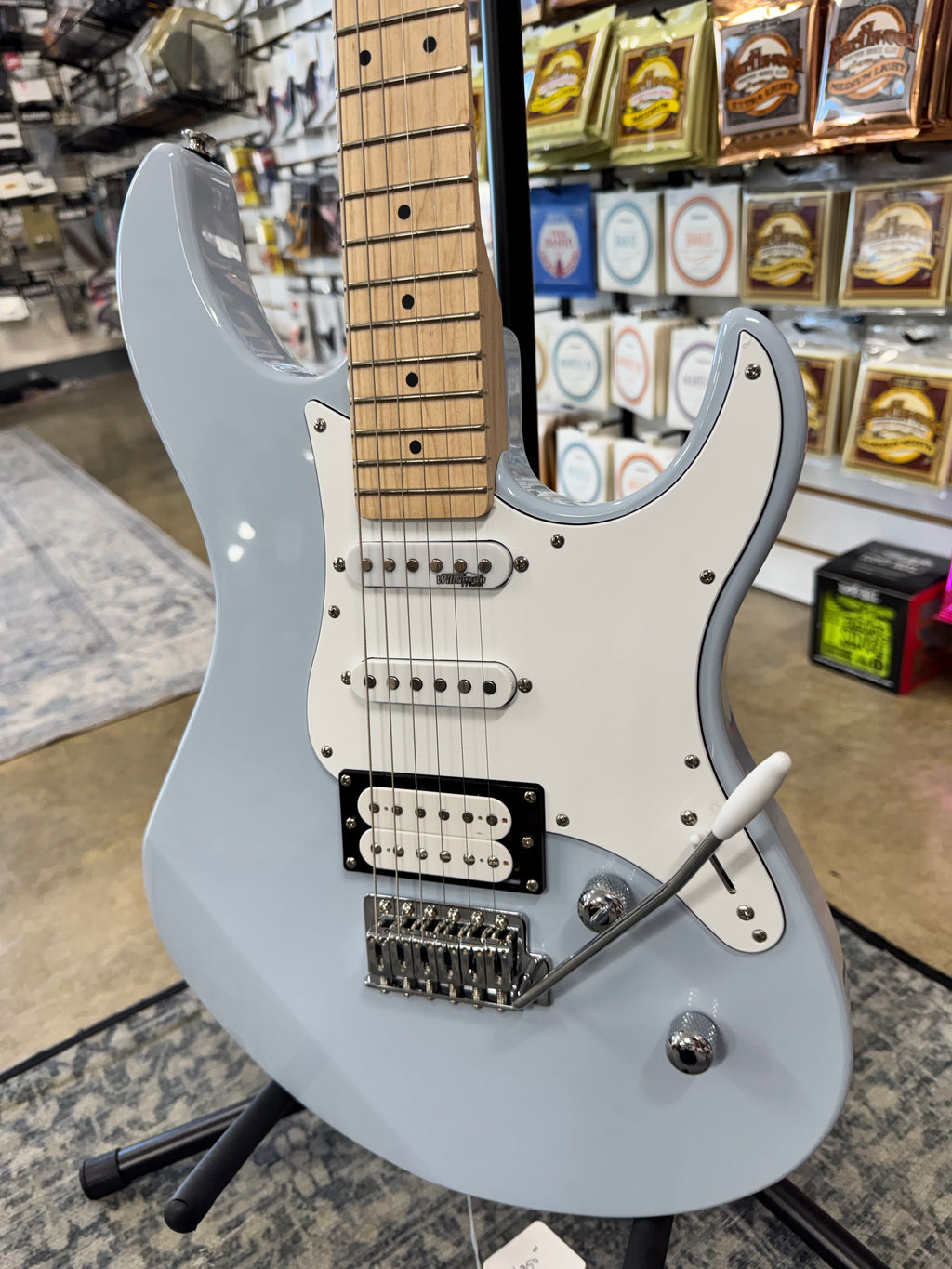 Used Yamaha Pacifica PAC112VM, Ice Blue - angled body view with tremolo arm