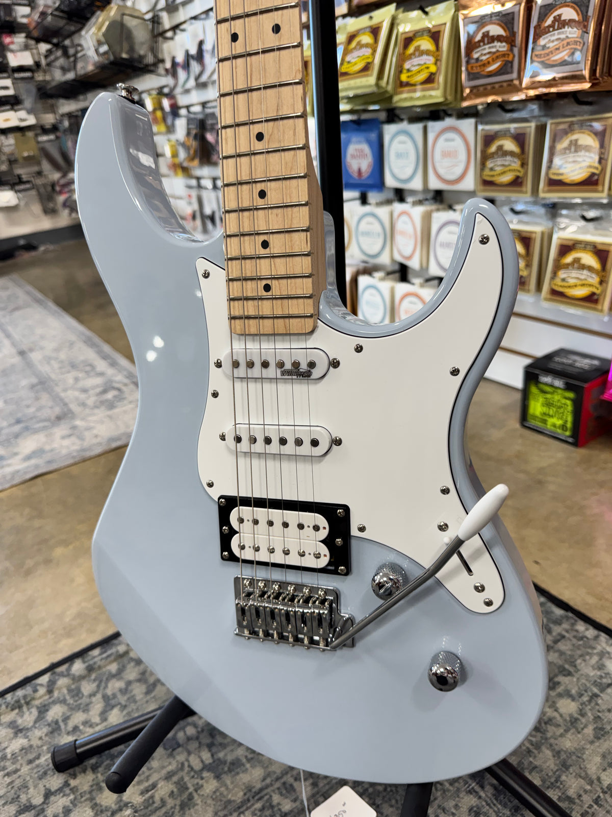 Used Yamaha Pacifica PAC112VM, Ice Blue - angled body view with tremolo arm