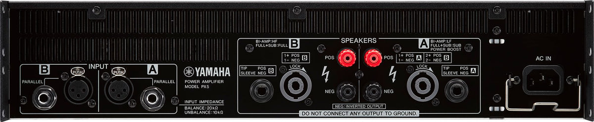 Yamaha PX5 2-Channel Power Amplifier with DSP - 800W x 2 at 4 Ohms - rear panel inputs and outputs view 5
